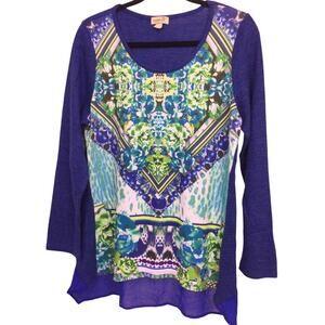 One World Boho Multi-Material Knit Sheer High Low Long Sleeve Top Women's Size L